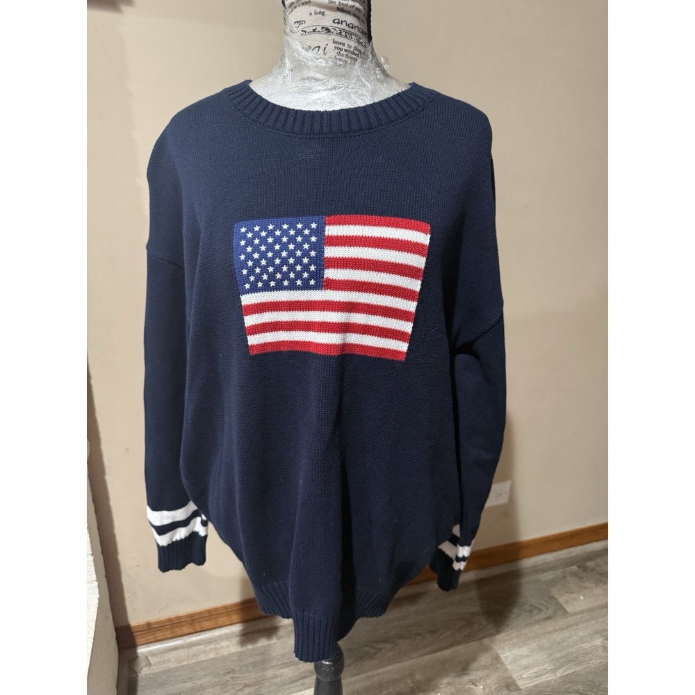 Honey Peach Women’s Knit Navy USA Flag Long Sleeve Crewneck Pullover Sweater L